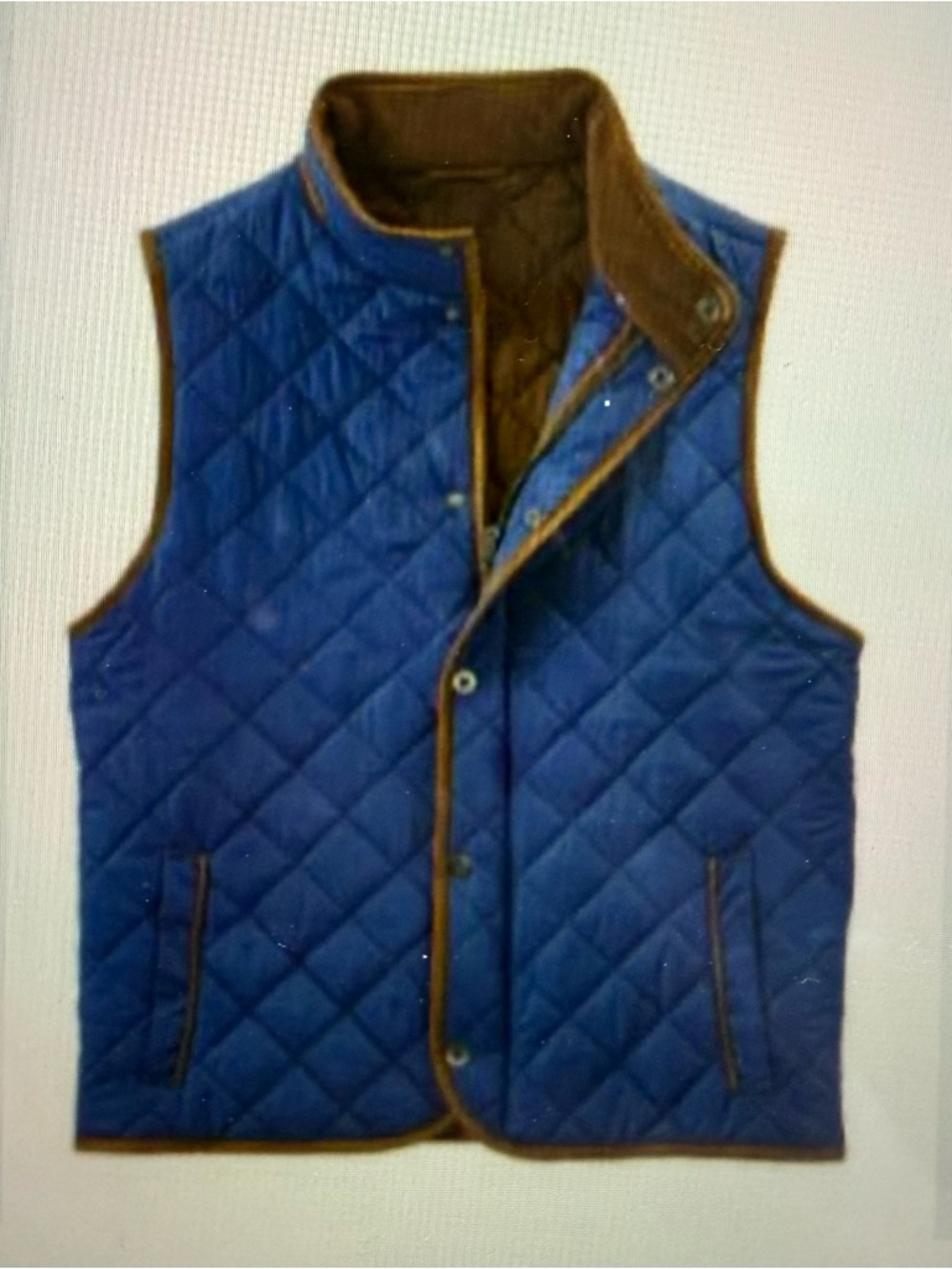 Fx/Fusion Brand Quilted Field Vest in Blue with Brown Trim. Men’s Size Medium.